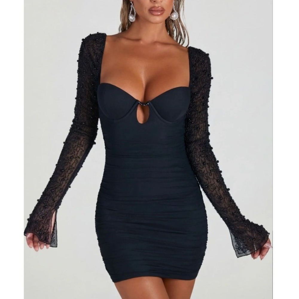 Oh Polly St Germain Dress Size 6 Black Beaded Mesh Ruched Mini Long Sleeve